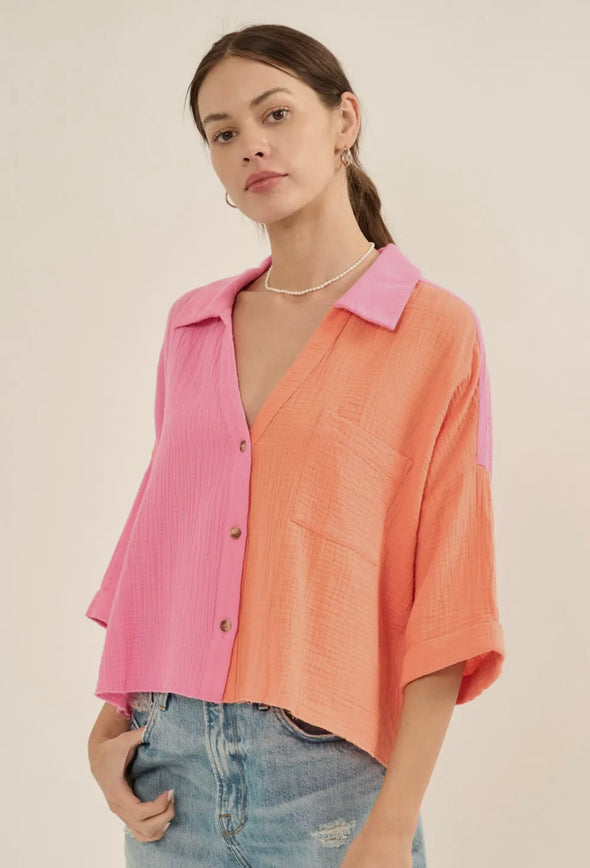 Color Block Double Gauze Cotton Shirt- Pink/Tangerine