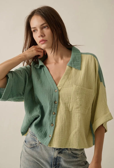 Color Block Double Gauze Cotton Shirt- Lime/Pine