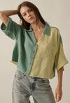 Color Block Double Gauze Cotton Shirt- Lime/Pine