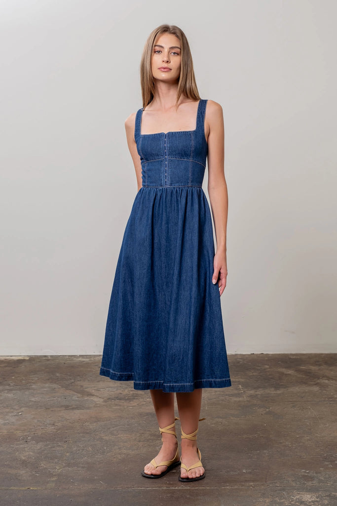 【BAON】Tind Dark Blue Denim Long One Piece Denim Bustier Top Midi Dress- Dark Wash – Mom's Sweet Shop