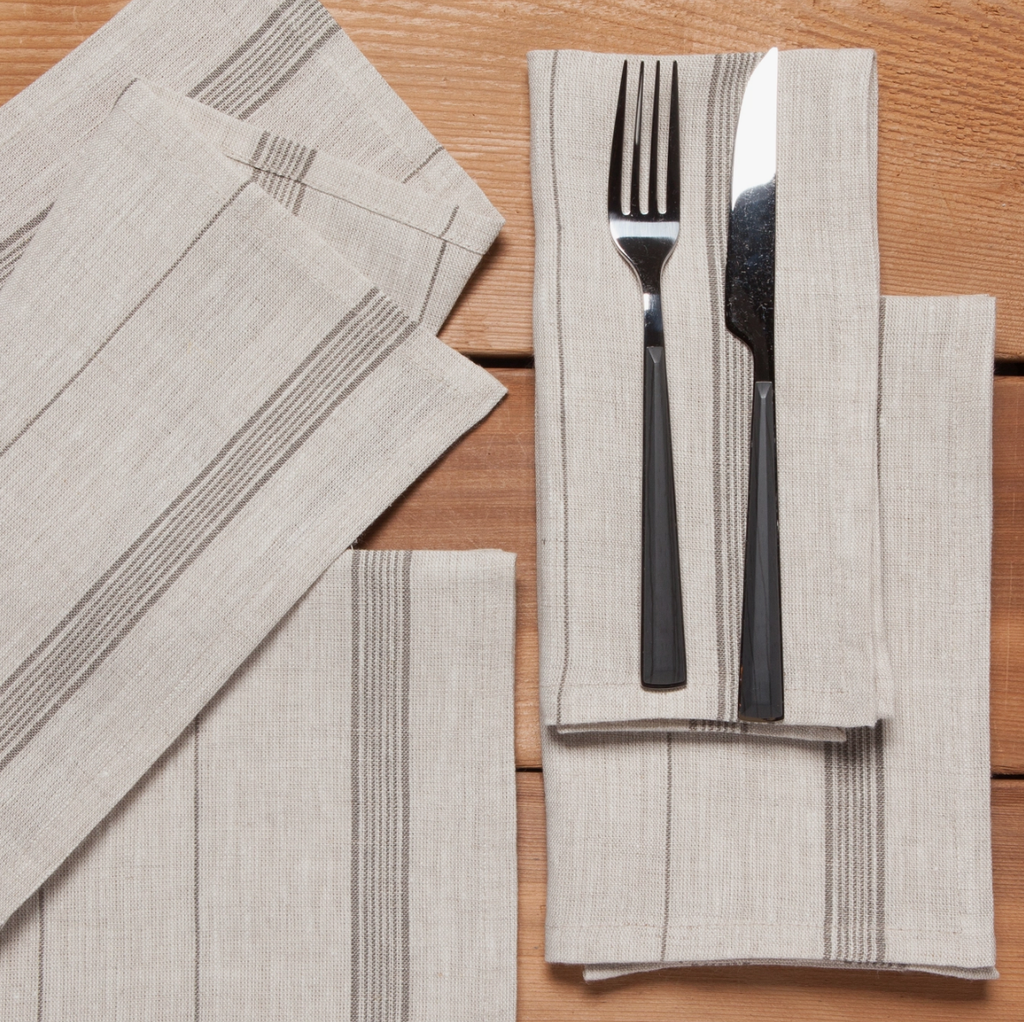 Black Stripe Washed Linen Napkin Set (4)