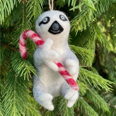1 Felted Wool Sloth w/ Candy Cane Ornament