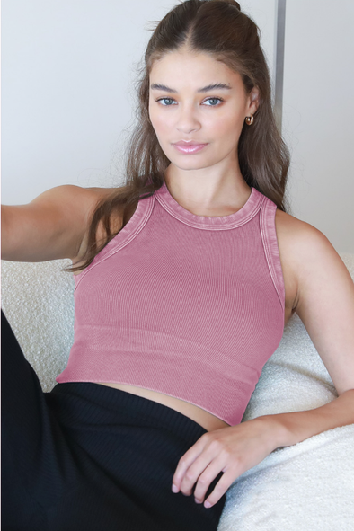 Ribbed High Neck Crop Top- Dried Rose