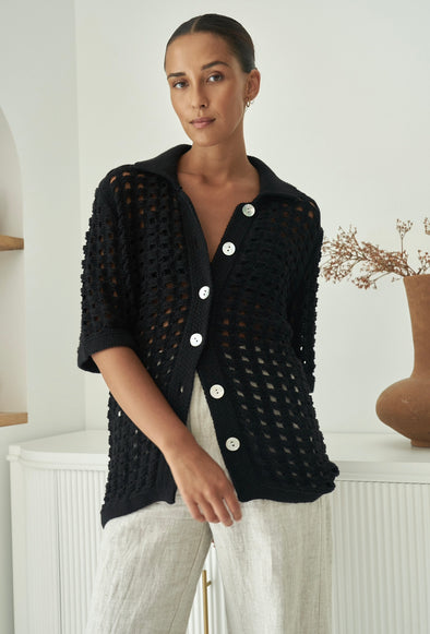 CLEARANCE- Crochet Knitted Shirt- Black