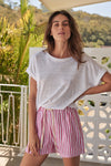 CLEARANCE- Linen Striped Short- White/Candy Pink