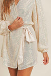 CLEARANCE- Sarif Sequin Wrap Dress With Satin Belt- Diamond