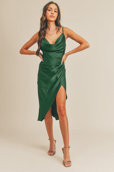 CLEARANCE- Cowl Neck Slip Dress- Forest Green- SIZE XS & S