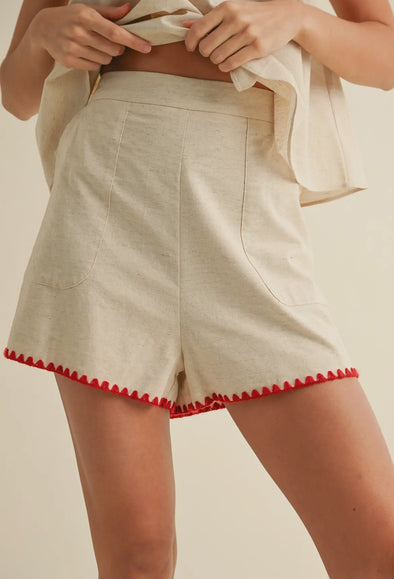 Linen Shorts w/ Tape Detail- Cream/Red