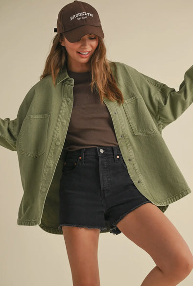 Snap Button Denim Shirt Jacket- Light Olive