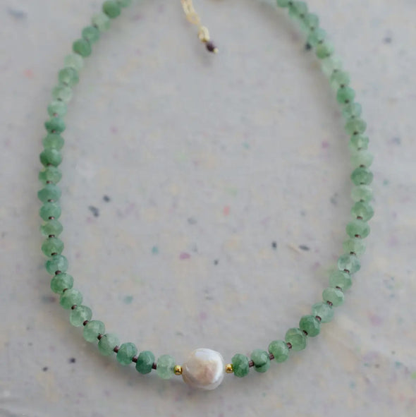 Gemstone & Pearl Beaded Necklace- Sage