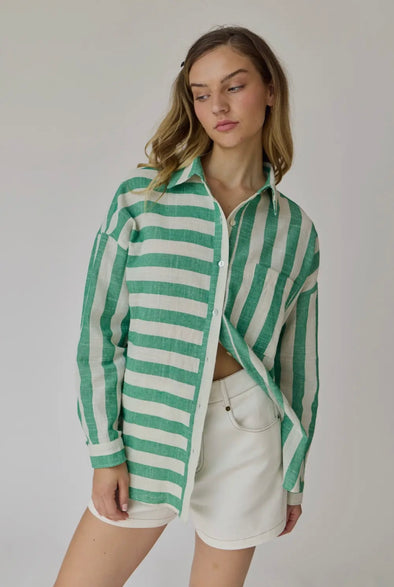 Kimberly Oversized Button Down Shirt- Green Stripe