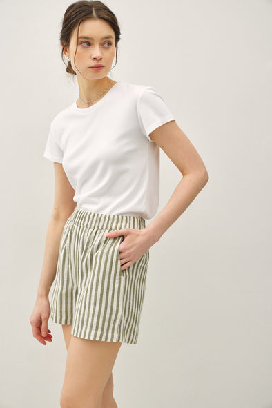 Striped Cotton Gauze Shorts- Chive Green