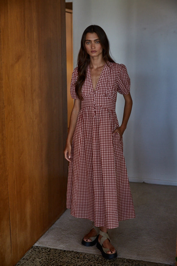 Gingham Day Dress- Red/Ivory