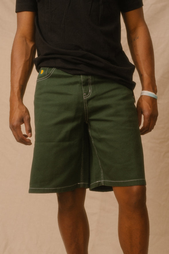 Theories  Plaza Denim Shorts- Hunter Green Contrast Stitch