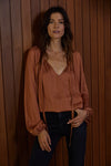 Robyn L/S V-Neck Ribbon Detail Top- Terracotta