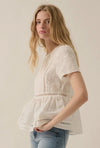 Bow-Embroidered Lace-Trim Ruffled Babydoll Top- Off White