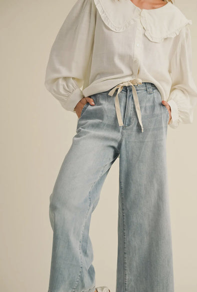 Washed Denim WIde Leg Tie Front Pants- Light Wash
