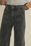 Paneled Stretch Denim Wide Leg Pants- Faded Black