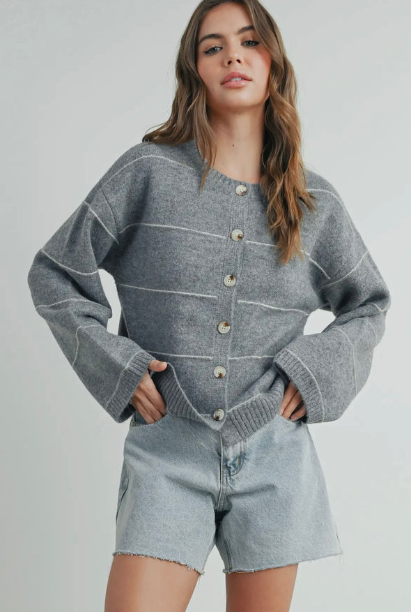 Addie Stripe Cardigan- Grey/White