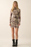 Abstract-Print Ruched High-Neck Mini Dress- Espresso