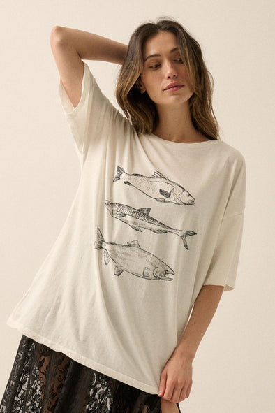 Three Fishes Garment Washed Tee- White
