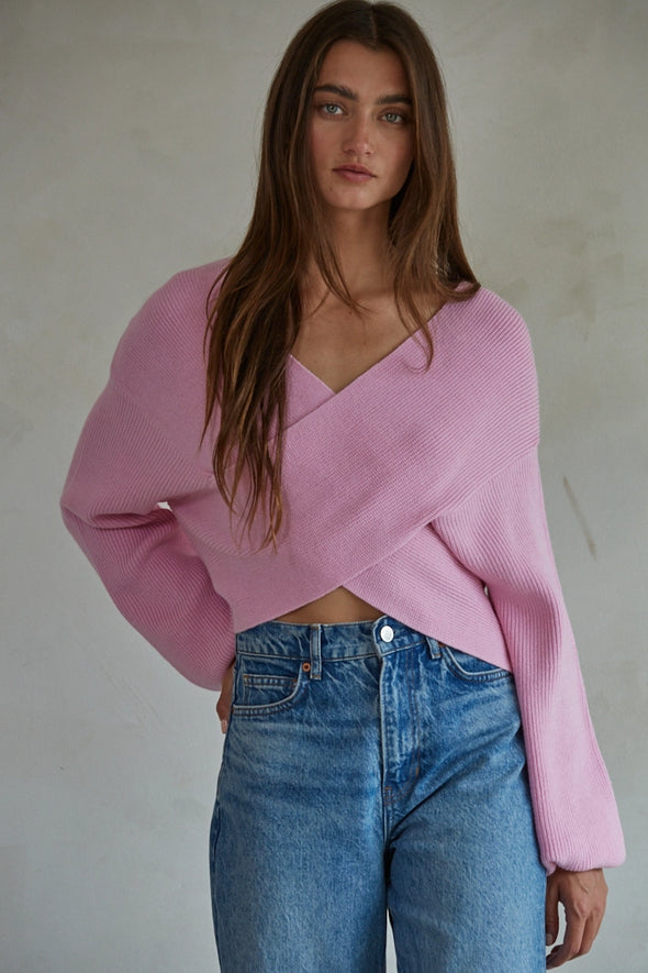 Overlapped Cropped Sweater- Pink