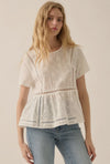 Bow-Embroidered Lace-Trim Ruffled Babydoll Top- Off White