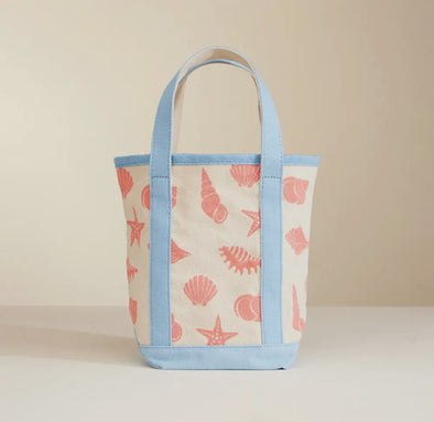 Small Canvas Tote Bag- Blue w/ Coral Sea Shells