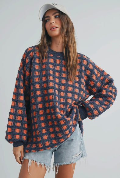 Oversized Checked Sweater- Navy/Rust