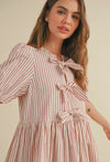 Bubble Sleeve Striped Dress w/ Ties- Cream/Red