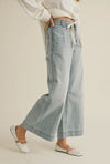 Washed Denim WIde Leg Tie Front Pants- Light Wash