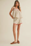 Linen Shorts w/ Tape Detail- Cream/Red