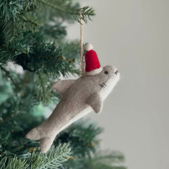 Felt Shark w/ Christmas Hat Ornament