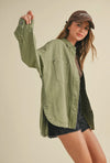Snap Button Denim Shirt Jacket- Light Olive