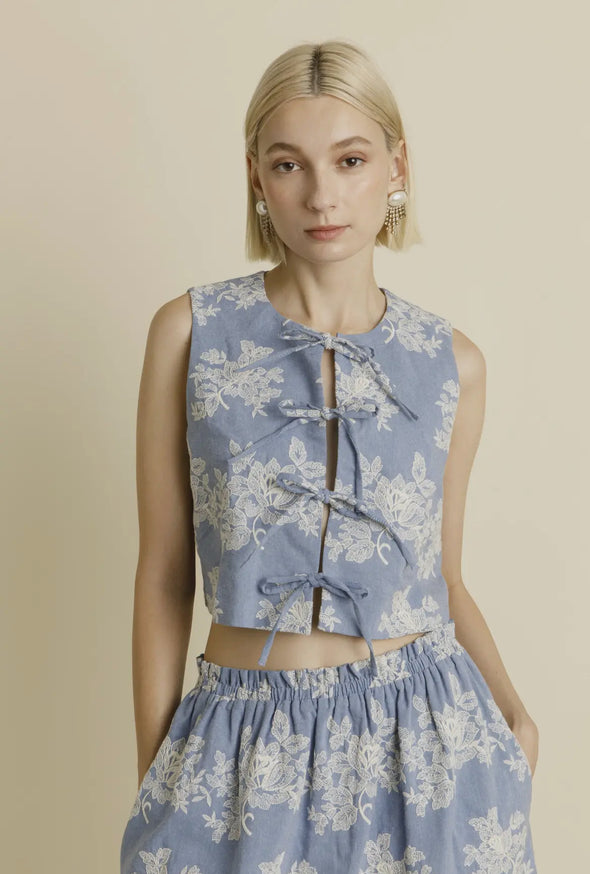 Embroidered Denim Vest w/ Ties