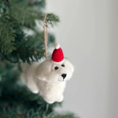 Felt White Maltese w/ Christmas Hat Ornament