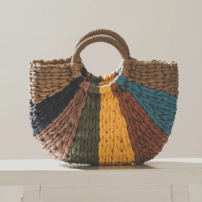 Color Block Woven Straw Handbag