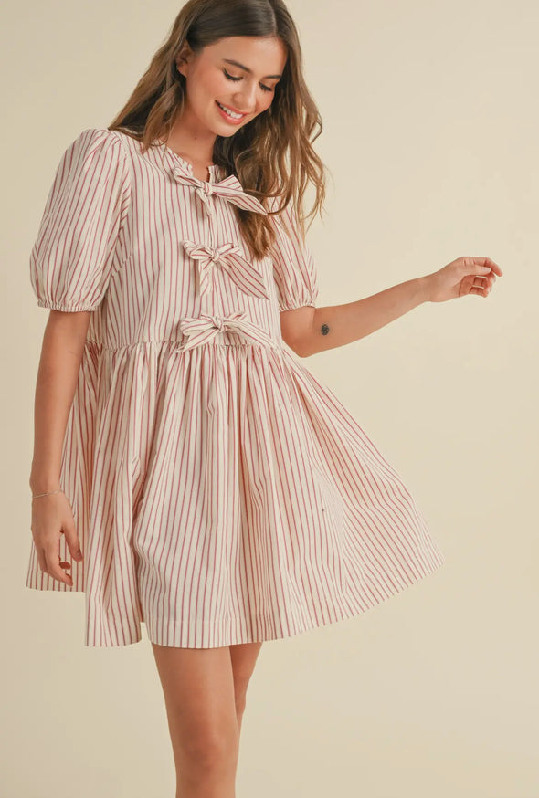 Bubble Sleeve Striped Dress w/ Ties- Cream/Red