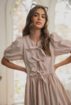 Bubble Sleeve Striped Dress w/ Ties- Cream/Red