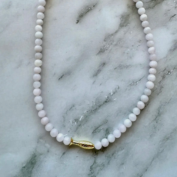 Ashia Beaded Fish Necklace- Rose Quartz