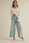Washed Denim WIde Leg Tie Front Pants- Light Wash