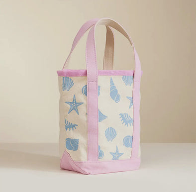 Small Canvas Tote Bag- Pink w/ Blue Sea Shells