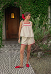 Linen Shorts w/ Tape Detail- Cream/Red