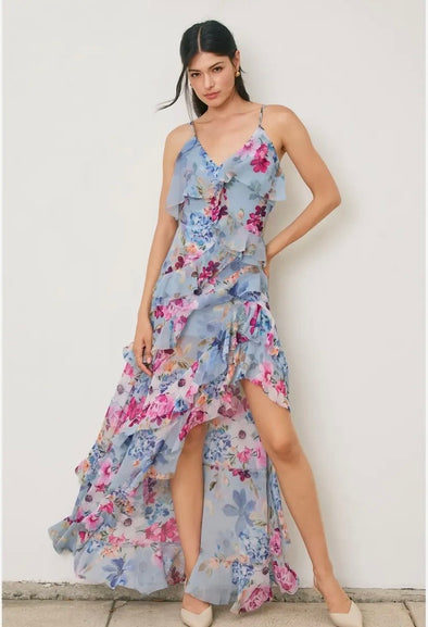 Garden Stroll Asymmetric Ruffle Dress- Periwinkle Floral – Mom's Sweet Shop
