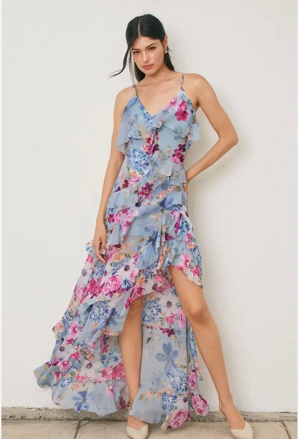asymmetric ruffle dress Innovare Denim Cille Off Shoulder Maxi Dress, S Team it with a clutch and strappy heels for a look that will turn heads Garden Stroll Asymmetric Ruffle Dress-