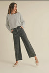 Paneled Stretch Denim Wide Leg Pants- Faded Black