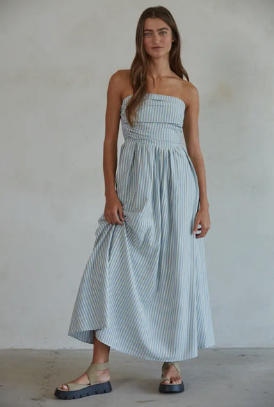 LAST ONE! Striped Bandeau Maxi Dress- Blue/Cream