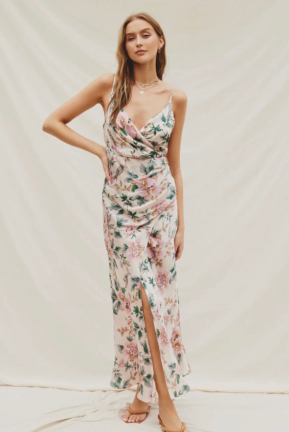 Morning Meadow Satin Maxi Dress- Multi