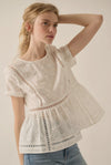 Bow-Embroidered Lace-Trim Ruffled Babydoll Top- Off White