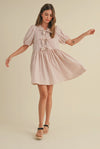 Bubble Sleeve Striped Dress w/ Ties- Cream/Red